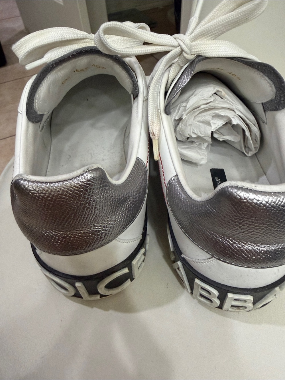 White Sneakers with Metallic Silver Heel Accent